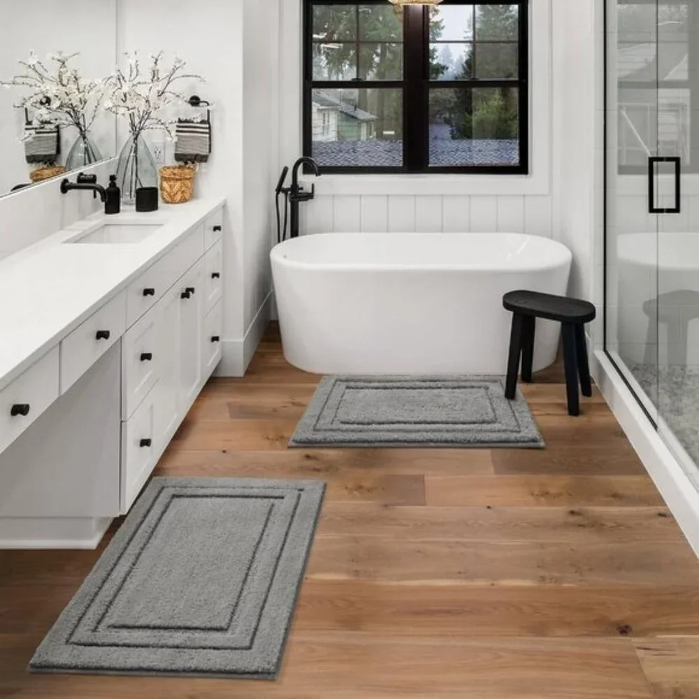 New 2-Piece Bathroom Rug Set, Soft Non-Slip Washable Microfiber Mats in Grey